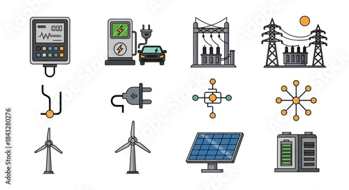 Collection of Hand-Drawn Icons Representing Renewable Energy and Electricity.