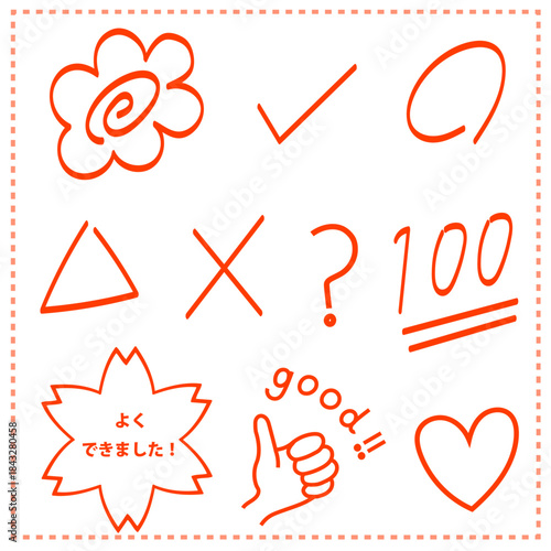 手書き採点スタンプセット（赤ペン・チェック・100点・よくできました）
Handwritten Grading Stamp Set (Red Marker, Check, 100 Score, Feedback)