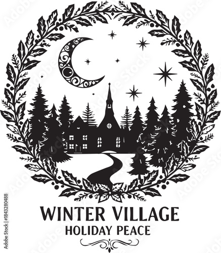 Black and white vector illustration of winter village with moonlit sky and leafy wreath border