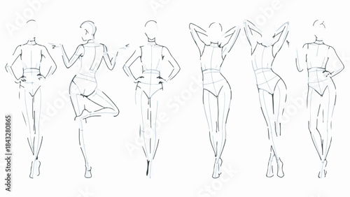 Collection of Hand-Drawn Female Fashion Figure Croquis Sketches in Various Poses