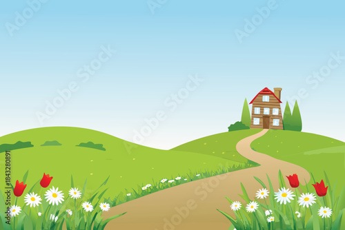 a charming countryside scene featuring a small house on a grassy hill