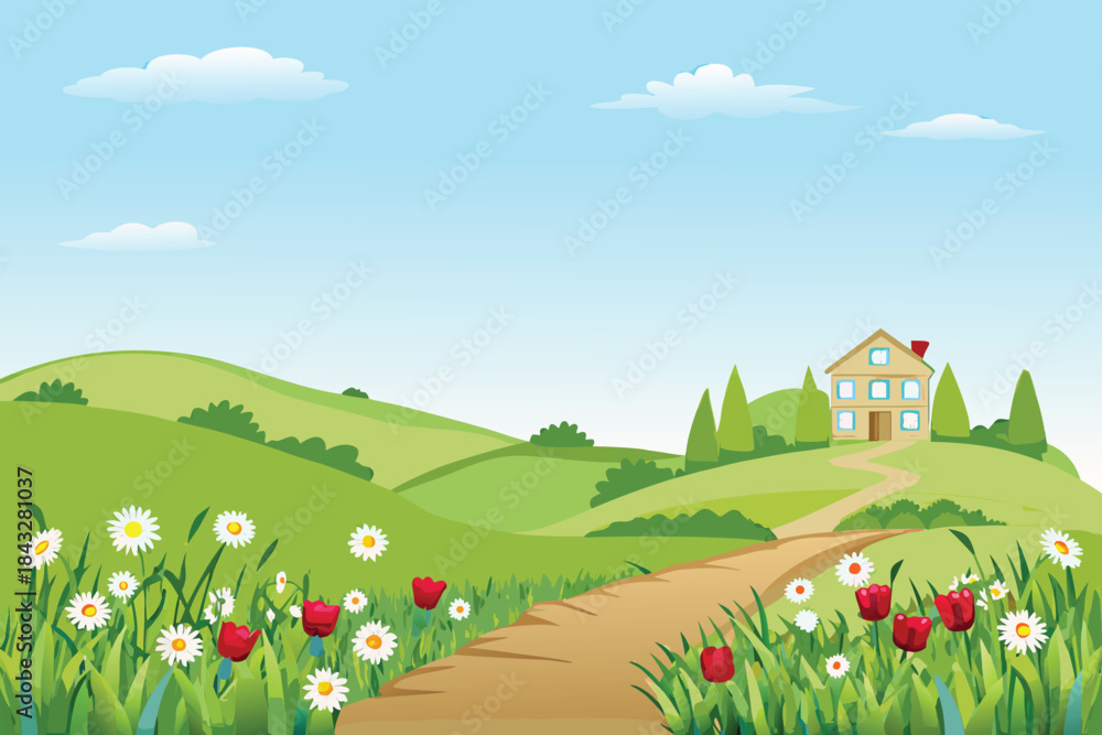 Fototapeta premium a charming rural landscape featuring a peaceful house rolling hills and vibrant