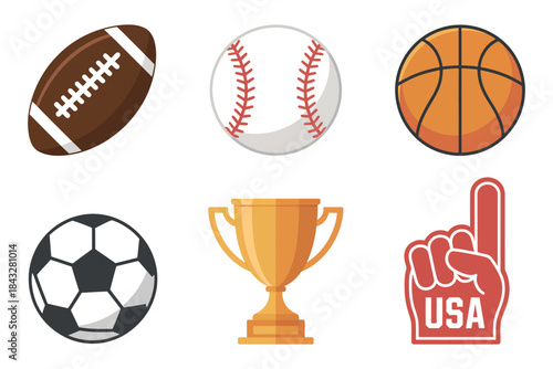Sports Equipment Icon Set – Football, Baseball, Basketball, Soccer Balls with Trophy and Foam Finger Vector