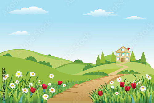 a charming rural landscape featuring a peaceful house rolling hills and vibrant