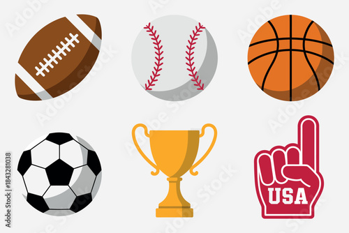 Sports Equipment Icons. Football, Baseball, Basketball, and Soccer Balls with Trophy Cup and Foam Finger Vector Graphics