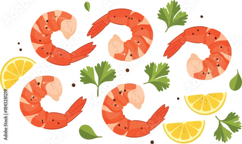 Fresh shrimp with lemon slices and parsley sprigs a delicious seafood arrangement on transparent background