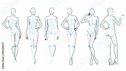 Hand drawn fashion croquis set. Female model templates with basic body guidelines in various poses.