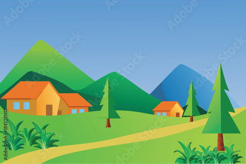 a vibrant illustration depicting a cozy house nestled among green mountains and