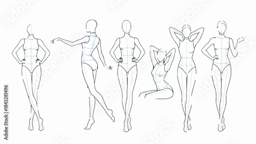Set of Hand Drawn Fashion Croquis Female Figures in Various Poses for Design