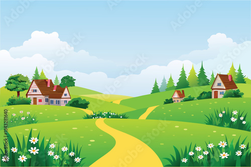 a peaceful countryside landscape with charming houses winding path and lush green