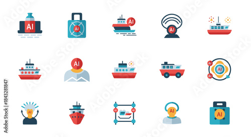 Collection of AI-themed Flat Design Icons Featuring Ships People and Objects.