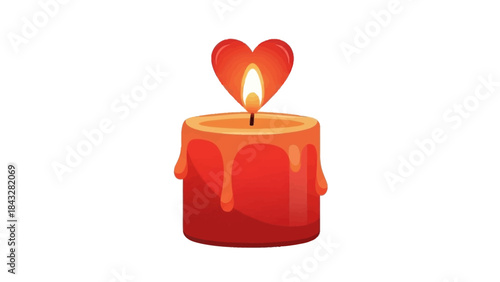 Red Candle with Heart Shaped Flame Burning Brightly.