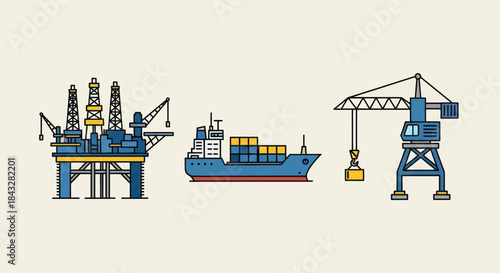 Industrial maritime icon set featuring an offshore oil rig a container cargo ship and a harbor port crane.