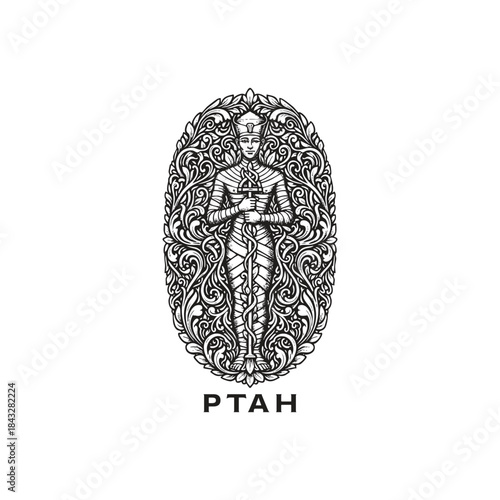 Intricate hand-drawn black and white illustration of the Egyptian creator god Ptah, depicted in mummified form holding a sacred staff within an ornate floral oval frame