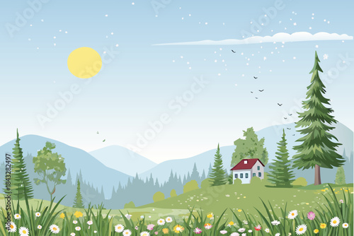 A serene landscape showcases a cozy house nestled among lush green mountains high quality