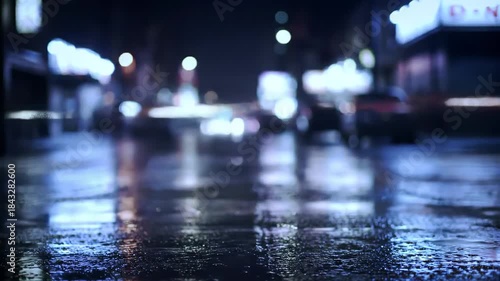 Wallpaper Mural Wet city street at night with blurred lights, cars and reflections. Urban landscape and rain. Torontodigital.ca