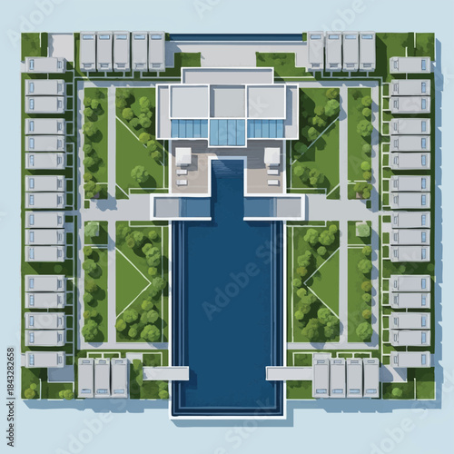 Aerial view of a modern luxury resort complex featuring a large swimming pool and numerous residential units surrounded by green spaces.