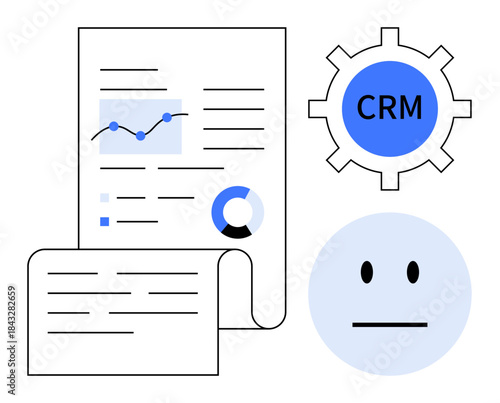 Data management, customer service, business solutions, analytics, CRM systems, workflow optimization. A document with charts, CRM gear icon and face icon. Data management and customer service