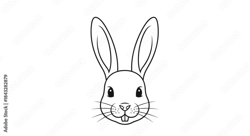 Obraz premium Simple and clean black and white line art illustration of a cute rabbit's face looking directly forward, isolated on white.