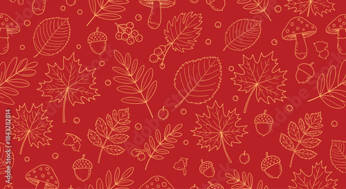 A beautiful autumn seamless pattern with golden line art of leaves, acorns, and mushrooms on a rich red background for a seasonal design.
