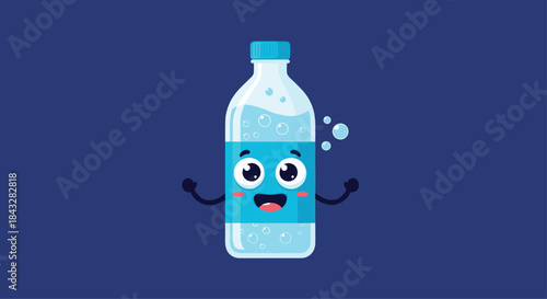 A cute and happy cartoon water bottle character with big eyes and a smile, representing hydration, health, and drinking water regularly.