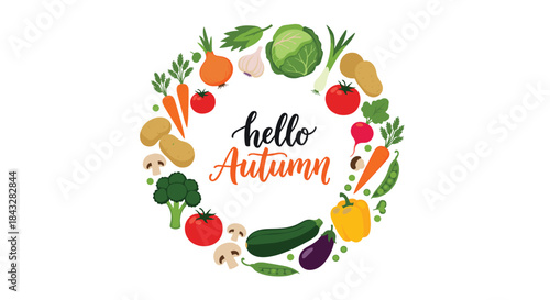 "Hello Autumn" handwritten lettering inside a beautiful circular wreath made of fresh and colorful fall harvest vegetables.