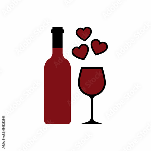 Red wine bottle and glass with hearts romantic beverage icon perfect for date night celebration drinking together elegant party or winery design