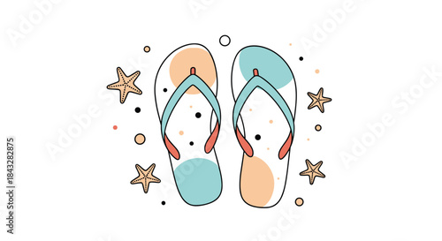 Summer beach concept illustration with a pair of colorful flip-flops and starfish on the sand, drawn in a modern line art style.