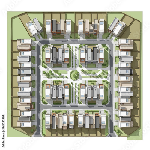 Aerial view of a modern residential community layout featuring multiple houses, roads, and green spaces.