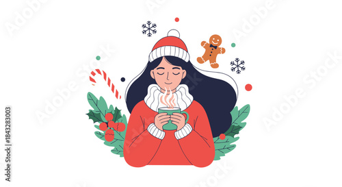 Cozy winter illustration of a woman in a red sweater and hat enjoying a steaming mug of hot chocolate, with festive elements.