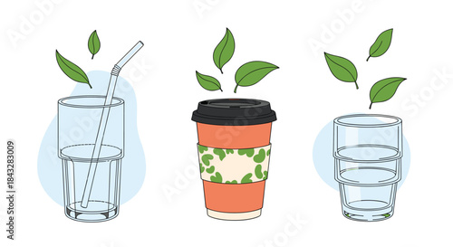 Set of eco-friendly reusable drink containers, including a glass with a straw and a coffee cup, with green leaves floating above.