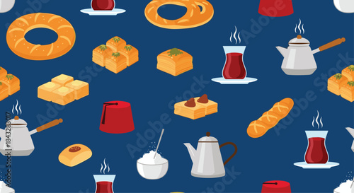 Colorful seamless pattern of traditional Turkish food and drinks, including baklava, simit, and tea on a dark blue background.