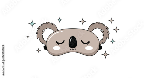 Adorable cartoon sleeping mask designed to look like a cute koala bear face, surrounded by sparkling stars for a good night's rest.