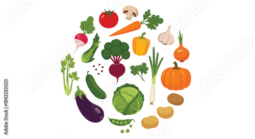 Large collection of fresh and healthy garden vegetables, including pumpkin, broccoli, and carrots, arranged in a circular shape.