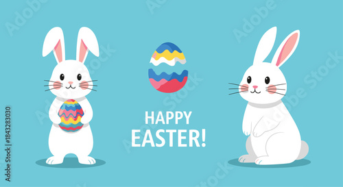Cute "Happy Easter!" greeting card with two white bunnies, one holding a decorated egg, on a bright blue background.