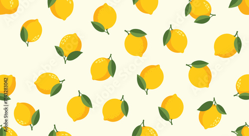 Fresh and vibrant seamless pattern of bright yellow lemons with green leaves scattered on a light cream-colored background.