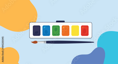 A simple and colorful illustration of a watercolor paint set with a brush, featuring rainbow colors for art and creativity concepts.