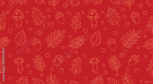 Seamless autumn-themed pattern with golden line art of leaves, acorns, and mushrooms on a festive red background for wrapping paper.