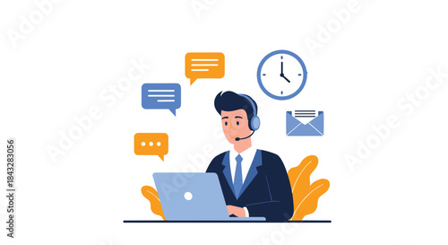 Male customer service agent with a headset working on his laptop, surrounded by communication icons like chat, email, and a clock.