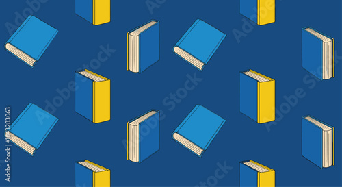 A simple and modern seamless pattern of blue and yellow hardcover books floating on a dark blue background, ideal for educational themes.