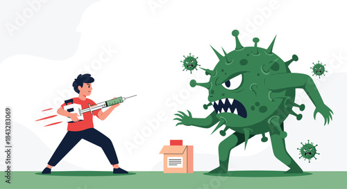 Powerful conceptual illustration of a person fighting a giant green virus monster with a vaccine, symbolizing the global fight against disease.