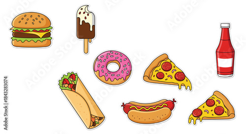A colorful and fun collection of various cartoon fast food sticker illustrations, including a burger, pizza, hot dog, and other tasty treats.