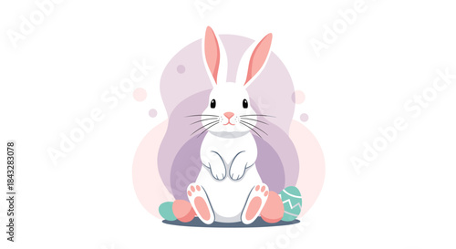 An adorable white Easter bunny sitting among several colorful decorated eggs with a soft pastel purple background for the happy spring holiday.
