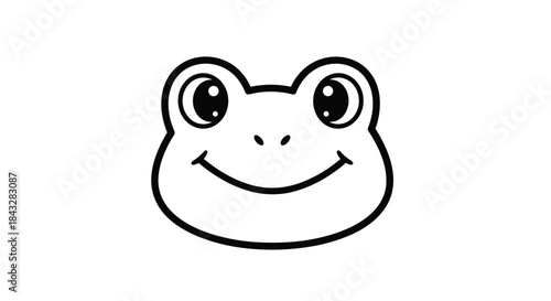A simple and very cute black outline illustration of a smiling frog face, perfect for coloring books, icons, or various children's designs.