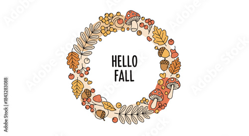 A charming hand-drawn autumn wreath made of leaves, acorns, and mushrooms, featuring the seasonal greeting "Hello Fall" in the center.