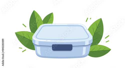 An eco-friendly concept illustration featuring a reusable blue lunch box surrounded by fresh green leaves for sustainable and healthy meals.