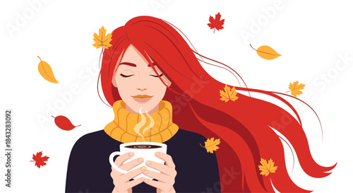 A beautiful woman with long red hair is enjoying a hot drink from a mug on a cozy autumn day with falling leaves all around her.