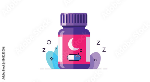 A modern flat design illustration of a sleeping pill bottle with a moon symbol, representing insomnia treatment, rest, and sleep aid medication.