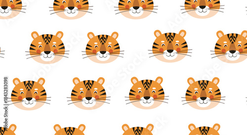 A cute and fun seamless pattern featuring adorable and friendly cartoon tiger faces on a simple white background, perfect for children's designs.