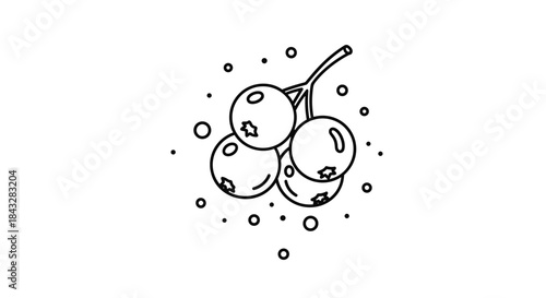 A minimalist black and white line art icon of a small bunch of berries surrounded by dots, in a simple and charming hand-drawn doodle style.